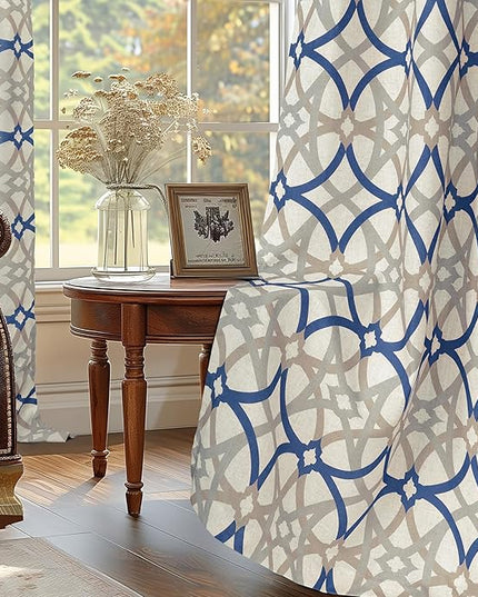 DriftAway Alexander Blackout Curtains for Living Room Linen Blend Pattern Match Thermal Insulated Room Darkening Geo Moroccan Mid Century Back Tab Bedroom Drapes 2 Panels 52 x 96 Inch Linen Navy