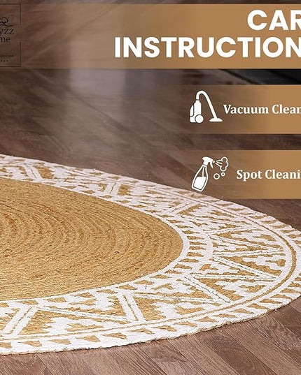 voyzz home Premium Natural Jute Braided Area Rug, 3-feet Round, White Printed Border, Stain Resistance, Natural Handmade Rug for Entryways, Living Room, Dining Room, Bedroom, Farmhouse, Kitchen