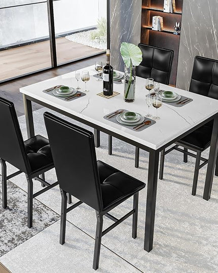 Hooseng Dining Table Set for 4, Modern Faux Marble Kitchen Table with 4 PU Leather Chairs, 5-Piece Small Dining Room Table Set for Dinette, Breakfast Nook