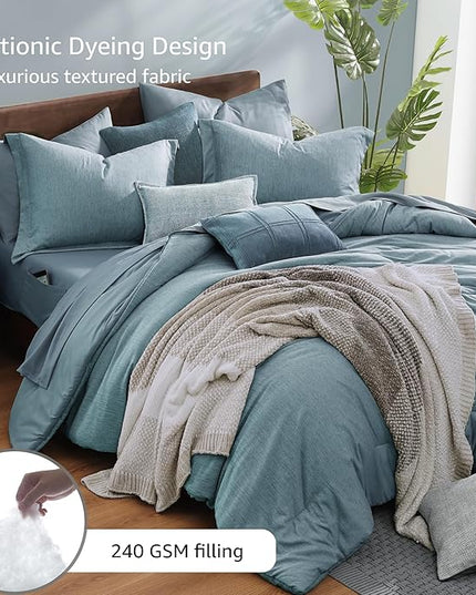 Monbix King Size Comforter Set,7 Pieces Dusty Blue Cationic Dyeing Bed in a Bag King with Comforter, Sheets, Pillowcases & Shams, All Season Reversible Bedding Comforters
