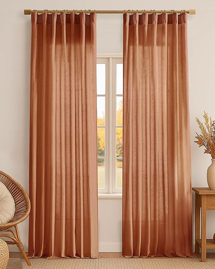 XTMYI Fall Curtains for Living Room,Back Tab Hooks Pleated Linen Sheer Burnt Orange Curtains 96 Inches Long for Bedroom Set 2 Panels