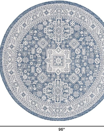 Rugs.com Outdoor Aztec Collection Rug – 8 Ft Round Blue Flatweave Rug Perfect for Kitchens, Dining Rooms