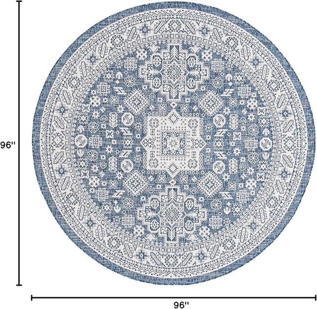 Rugs.com Outdoor Aztec Collection Rug – 8 Ft Round Blue Flatweave Rug Perfect for Kitchens, Dining Rooms