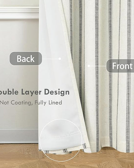 DriftAway Farmhouse Linen Blend Blackout Curtains 108 Inches Long for Bedroom Vertical Striped Printed Linen Curtains Thermal Insulated Lined Treatments for Living Room 2 Panels W52 x L108 Black
