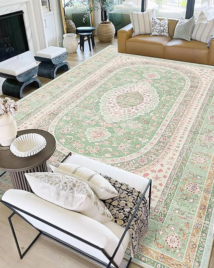 9x12 Area Rugs Washable,Green Rug for Living Room Bedroom Dining Room,Large Boho Vintage Bohemian Distressed Oriental Carpet Non Slip,Sage Blush Floral