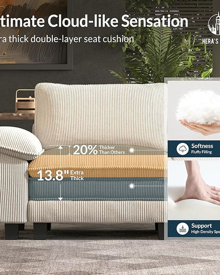 HERA'S HOUSE 88" Modular Sectional Sofa, Loveseat Couches for Living Room, Comfy Cloud Couch 2-Seater Deep Seat Sofa with Throw Pillow, Corduroy Beige