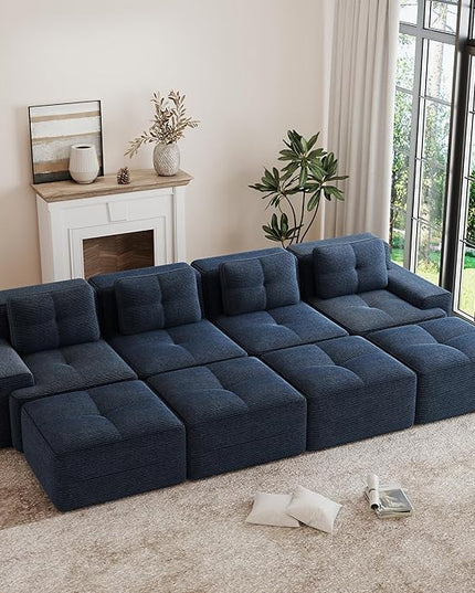 Hommoo Oversized Modular Sectional Sofa, 8 Seat Sleeper Sofa Bed, Comfy Corduroy Couch with Deep Seat, 153”Convertible Boneless Couch with Ottoman for Living Room No Assembly Required Blue