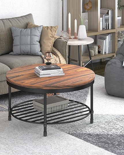 NSdirect 36" Round Coffee Table with Storage Shelf, Dark Grey Brown Vintage Wood Top & Metal Legs - 18.5" Height End Table for Small Spaces (Dark Red Brown)