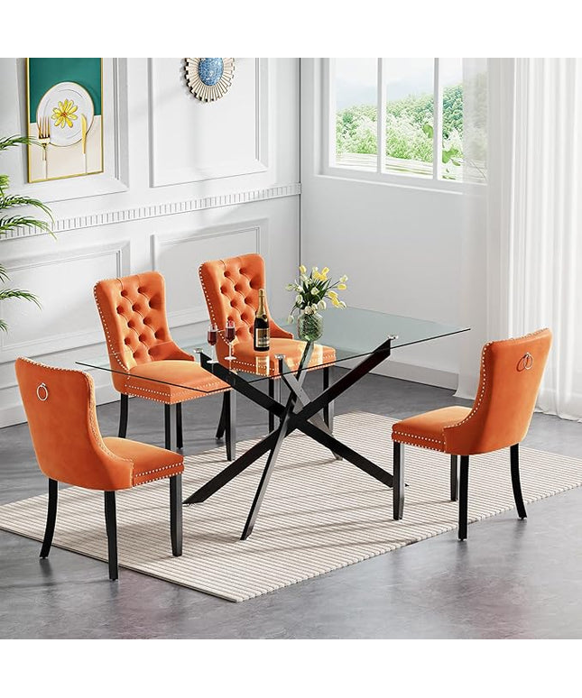Modern 5-Piece Glass Dining Table Set for 4, Modern 60" Rectangle Black Glass Dining Room Table Set with Orange Velvet Tufted Chairs Wood Legs for Kitchen Dining Room