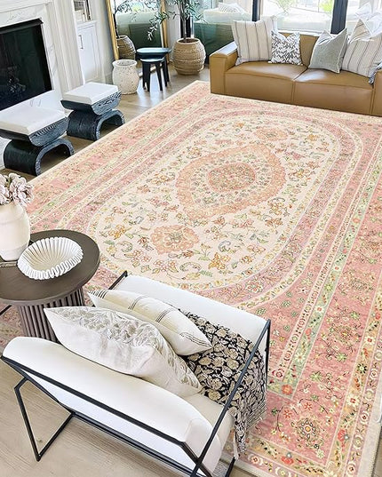 9x12 Area Rugs Washable,Pink Rug for Living Room Bedroom Dining Room,Large Boho Vintage Bohemian Distressed Farmhouse Carpet Non Slip,Blush Floral