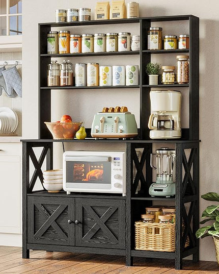 IRONCK Bakers Rack with Power Outlet, 45in Wide Coffee Bar Cabinet with Storage, 6-Tier Kitchen Storage with Doors, Microwave Stand for Kitchen, Dining Room
