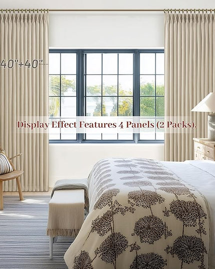 Heavy Natural Linen 100% Light Blocking Curtains & Drapes 96 Inches Long 2 Panels Set for Bedroom, Neutral Pinch Pleated Black Out Thermal Warm Beige Curtain for Summer Heat Energy Efficient 40W x 96L
