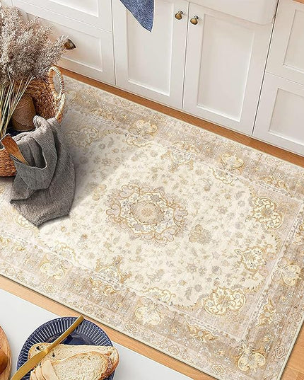 Small Rugs 2'x3',Boho Rug for Entryway Bathroom Kitchen Entrance Doormat,Vintage Bohemian Distressed Washable Accent Indoor Mat Floor Throw Carpet Non Slip,Beige Gold Floral