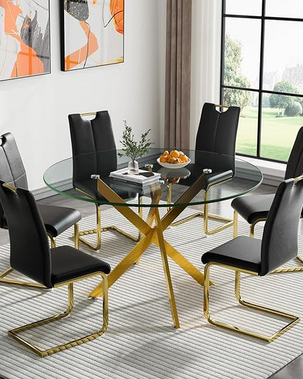 HomVent 7 Piece Round Glass Dining Table Set, Round Glass Kitchen Table Set for 6 with 6 PU Upholstered Dining Chairs for Kitchen Dining Room