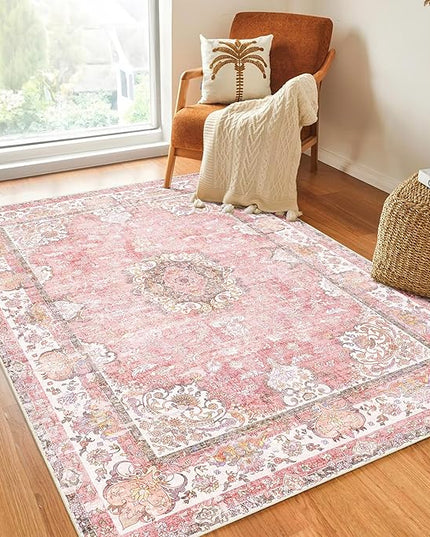 Pink Rug 4'x6.5',Washable Area Rugs for Bedroom Living Room Kitchen Entryway Bedside,Small Boho Vintage Bohemian Distressed Oriental Non Slip Carpet,Blush Floral Flowers