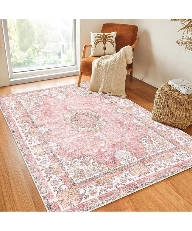 Pink Rug 4'x6.5',Washable Area Rugs for Bedroom Living Room Kitchen Entryway Bedside,Small Boho Vintage Bohemian Distressed Oriental Non Slip Carpet,Blush Floral Flowers