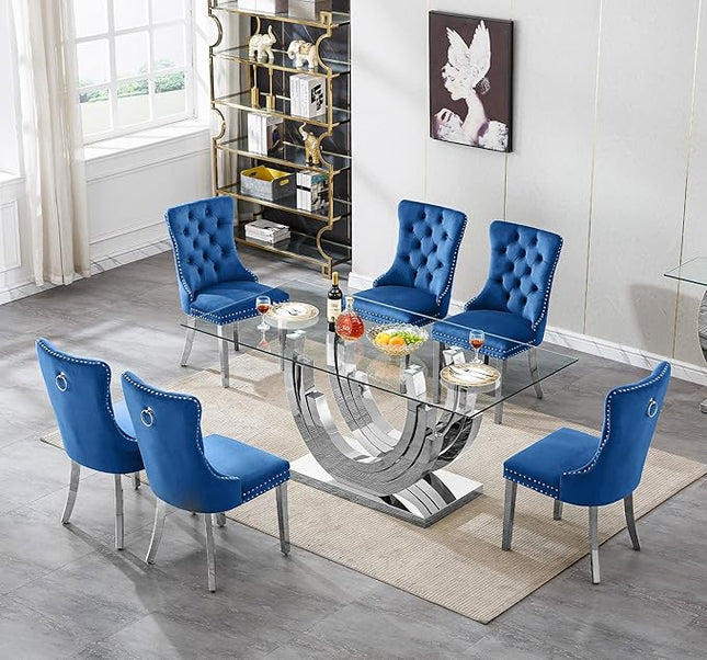 7-Piece Glass Dining Table Set with 6 Upholstered Dining Chairs, Large Dining Table and Chair Set for 6, Modern Glass Kitchen Table Furniture for Dining Room, U Shape and Stainless Steel Pesestal