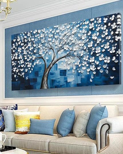SSNEEKNDG Blue Tree of Life Wall Art for Bedroom White Flower Tree Large Artwork for Living Room Office Kitchen Modern Aesthetic Pictures Canvas Prints 24"x48"