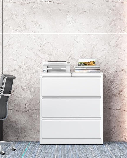 3 Drawer Lateral File Cabinet with Lock, Metal File Cabinet, Lateral File Cabinets for Home Office, Heavy Duty File Storage Cabinet for Legal/Letter/A4 Document, Assembly Required, White