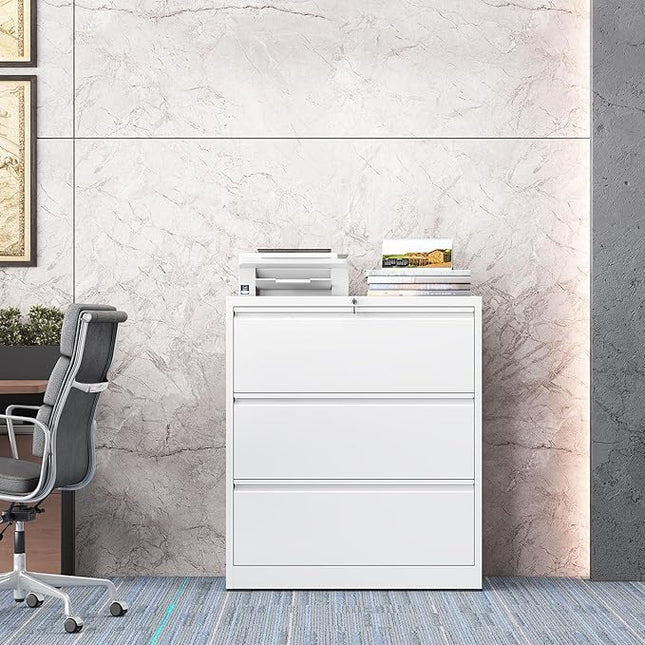 3 Drawer Lateral File Cabinet with Lock, Metal File Cabinet, Lateral File Cabinets for Home Office, Heavy Duty File Storage Cabinet for Legal/Letter/A4 Document, Assembly Required, White