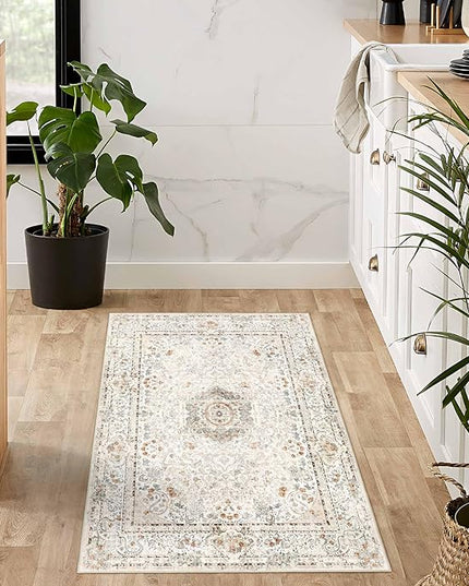 Small Rugs 2x3,Boho Rug for Entryway Bathroom Bedroom Kitchen Entrance Doormat,Vintage Bohemian Distressed Washable Accent Floor Throw Carpet Non Slip,Beige