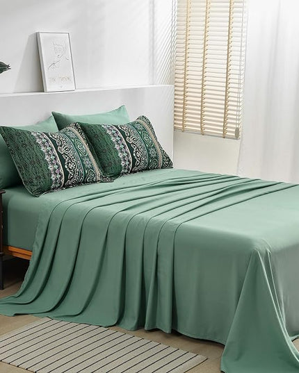 Boho Green Comforter Set Full Size,8 Piece Bed in a Bag Bohemian Striped Bedding Quilt Set,Dark Green Paisley Floral Comforter and Sheet Set,Soft Microfiber Complete Bedding Sets for All Season