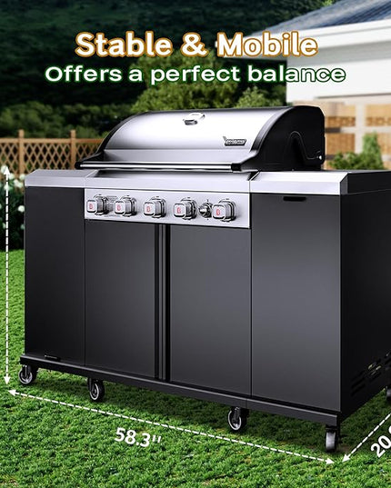 Brand-Man Propane Gas Grill Island Outdoor Kitchen & Storage Cabinets, 52000 BTUs Stainless Steel Burner Patio Cooking BBQ Grill with Side Burner - Natural Gas Convertible, Black (5 Burner)