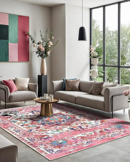 GLN Rugs Traditional Collection - Machine Washable Area Rug, Traditional Washable, Non Slip, Low Pile Chenille Rug, Living Room, Bedroom, Kitchen Rug (6'6"x9'6" Pink)
