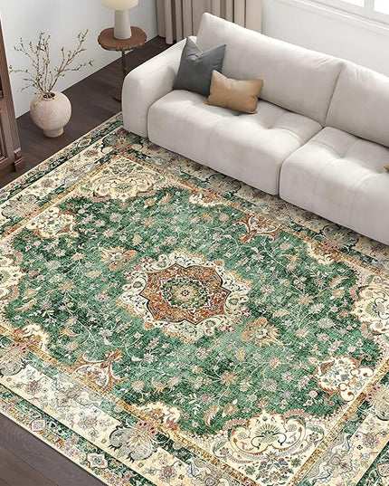 Green Rug 6'x9' Area Rugs,Boho Washable Rug for Living Room Bedroom Dining Room,Large Vintage Bohemian Distressed Oriental Carpet Non Slip,Retro Sage Floral