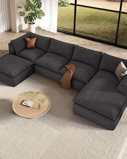 Vesgantti 141.7" U Shaped Boneless Sectional Couch, Modern 6 Seater Modular Sofa with Chaise & Ottoman, Deep Seat Convertible Corduroy Cloud Couches for Living Room, No Assembly Required, Black