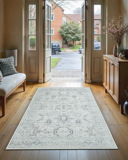 GLN Rugs Bohemian Collection - Machine Washable Area Rug, Bohemian Vintage, Non Slip, Low Pile Chenille Rug, Living Room, Bedroom, Bathroom Rug (2'6"x7' Beige and Gray)