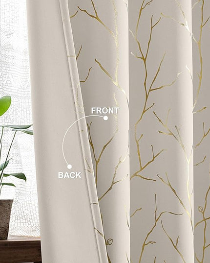 BUHUA Blackout Curtains 72 Inches Length, Thermal Curtain for Bedroom 2 Panels Set, Room Darkening Curtains with Gold Shinny Branches Tree Patern, 52W×72L Natural