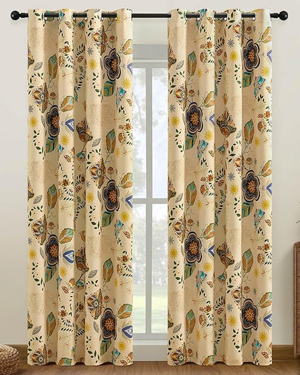 XiDi Beige Floral Curtains 90 Inches Long 2 Panels Vintage Patterned Blackout Curtains for Bedroom Living Room Thermal Insulated Grommet Rustic Luxury Colorful Botanical Flower Printed Drapes 52x90