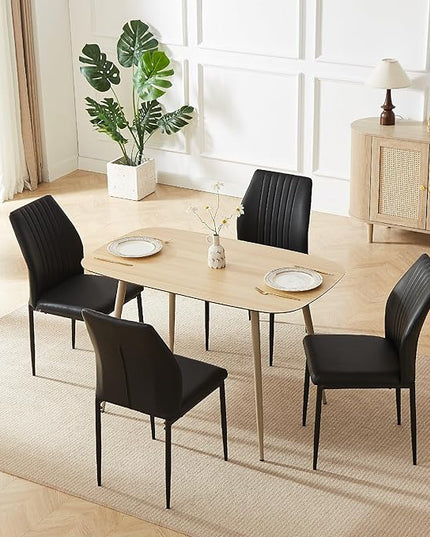 47.2'' Modern Solid Wood Dining Table Set for 4 with Scratch-Resistant Surface & 4 Black Leather Chairs - Cat-Friendly Kitchen Dining Room Furniture Set