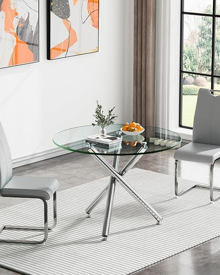 HomVent Round Glass Dining Table Set for 2, 3-Piece Modern Kitchen Table Set with 2 PU Upholstered Chair for Kitchen Dining Room, Glass Dining Room Table Set