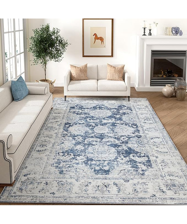 jinchan Fiora 6x9 Area Rug for Living Room Washable Soft Throw Rug Ultra-Thin Stain Resistant Non-Slip Distressed Vintage Floral Large Carpet for Bedroom, Home Office, Nursery(6x9ft, Dark Blue)
