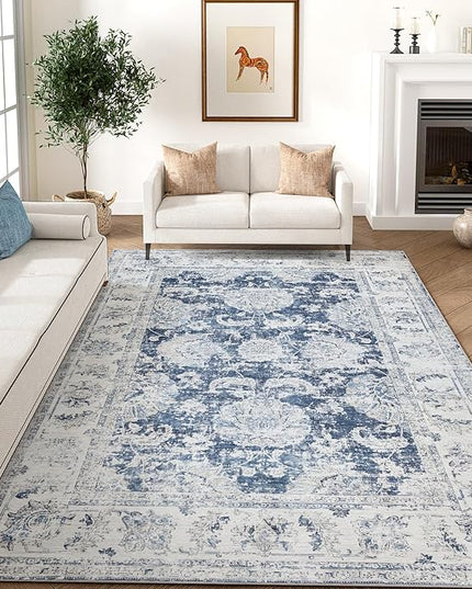 jinchan Fiora Washable Area Rug 8x10 for Living Room Soft Faux Wool Ultra-Thin Stain Resistant Non-Slip Distressed Vintage Floral Large Carpet for Bedroom, Home Office, Nursery(Dark Blue, 8'x10')