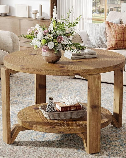 30" Solid Wood Coffee Table, Round Small Coffee Table with 2-Tier Storage for Living Room, Farmhouse Circle Center Accent, Brown Round Solid Wood with Natural Texture Design