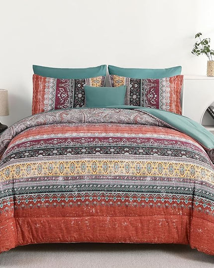 Cottolester Boho Queen Comforter Set 8 Pieces,Orange and Green Bohemian Striped Bed in a Bag,Paisley Soft Microfiber Bedding Comforter Set