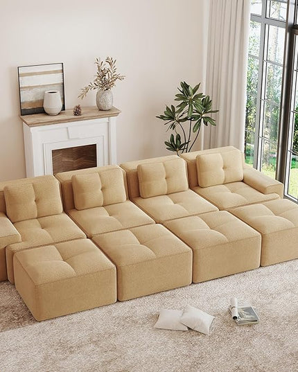 Hommoo Oversized Modular Sectional Sofa, 8 Seat Sleeper Sofa Bed, Comfy Corduroy Couch with Deep Seat, 153”Convertible Boneless Sofa with Ottoman for Living Room No Assembly Required Camel