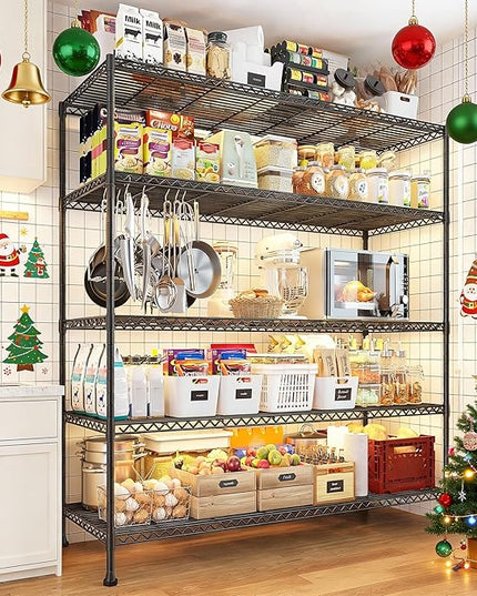 REIBII 45.8“W Metal Shelving Storage Shelves, 5-Tier Wire Shelving Unit,Heavy Duty Garage Shelving, Adjustable Storage Rack for Restaurant Pantry Kitchen Dining Room Supermarket Commercial Black