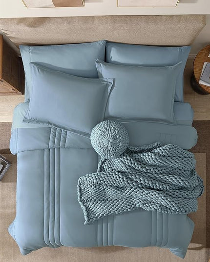 Monbix Queen Comforter Set - 7 Pieces Dusty Blue Bed in a Bag Queen Bedding Sets with Comforters, All Seasons Comforter Bed Set with Sheets, Pillowcases & Shams