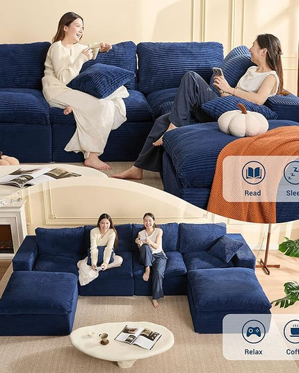 137.8” Sectional Couches for Living Room, Cloud Couch, Modular Sectional Sofa, Convertible Sofas Bed, Deep Seat Sofa, U Shaped Cozy Sofa Furniture Set, Corduroy,Blue