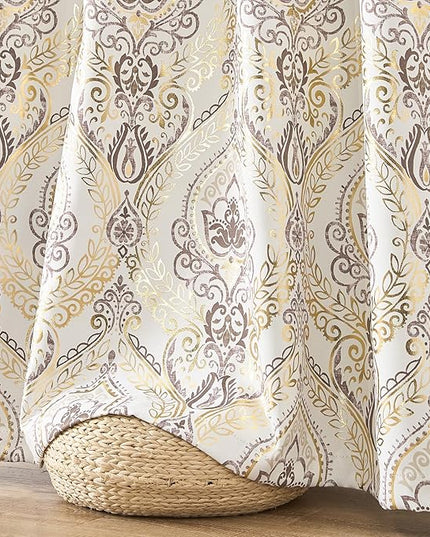 jinchan Blackout Curtains 63 Inches Long Golden Foil Damask Medallion Window Curtains for Bedroom Grommet Thermal Insulated Drapes for Living Room Vintage Luxury Window Treatments Set 2 Panels