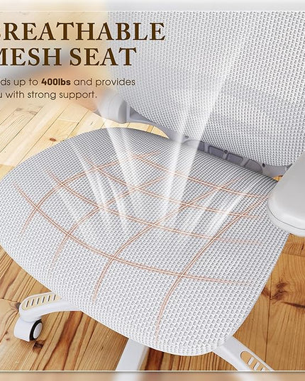 GABRYLLY Ergonomic Office Chair, High Back Home Desk Chair with Flip-Up Arms, Headrest, 90-120° Tilt and Wide Cushion, 400LBS White Mesh Chair for Work Gaming Study (GY01-NT, Woodgrain Pattern)