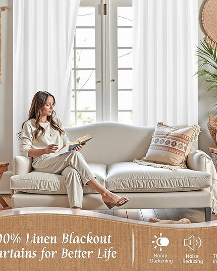LAMIT Natural 100% Blackout Linen Curtains, 54 Inches Linen Textured Thermal Bedroom Curtains Back Tab and Rod Pocket Neutral Panels with White Liner for Farmhouse, 2 Panels, 38 x 54 Inch, White