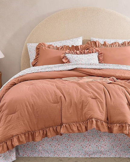Queen Comforter Set - 7 Pieces Ruffle Autumn Leaf Bedding Sets, Shabby Chic Farmhouse Bed in a Bag Queen with Ruffle Comforter, Floral Sheets, Pillowcases & Shams