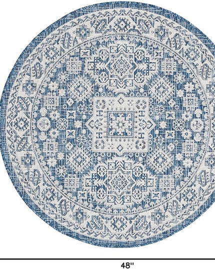 Rugs.com Outdoor Aztec Collection Rug – 4 Ft Round Blue Flatweave Rug Perfect for Kitchens, Dining Rooms