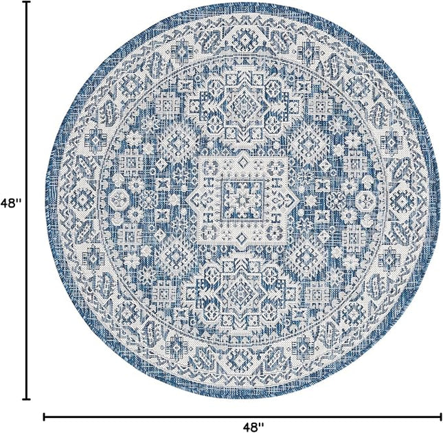 Rugs.com Outdoor Aztec Collection Rug – 4 Ft Round Blue Flatweave Rug Perfect for Kitchens, Dining Rooms
