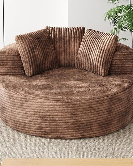 JACH Oversized Round Lazy Sofa Chair with Three Pillows, 50" Corduroy Deep Seat Single Sleeper Sofas, Upholstered Chaise, Cloud Couch for Living Room, Apartment, Light Brown